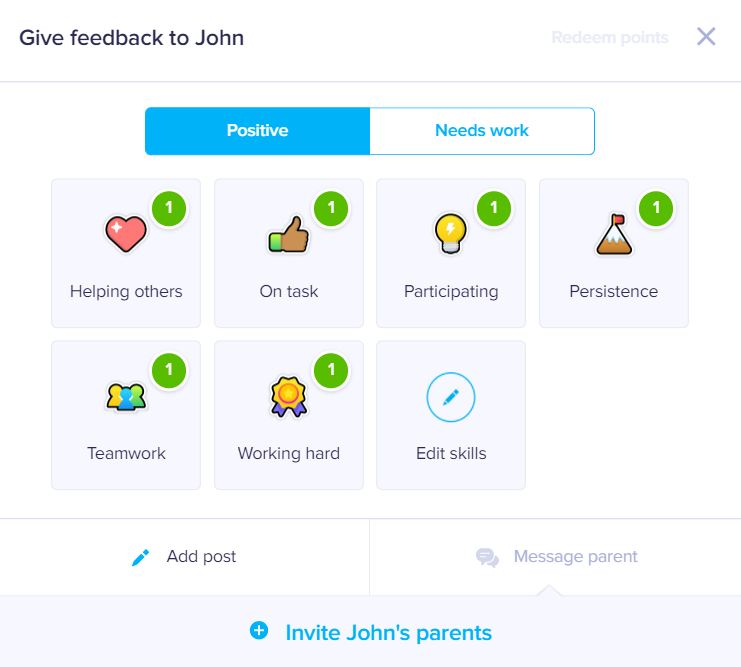 Before using ClassDojo for the first time with your students, you as the teacher need to decide what are the core Positive Points and the core Needs Work points. 