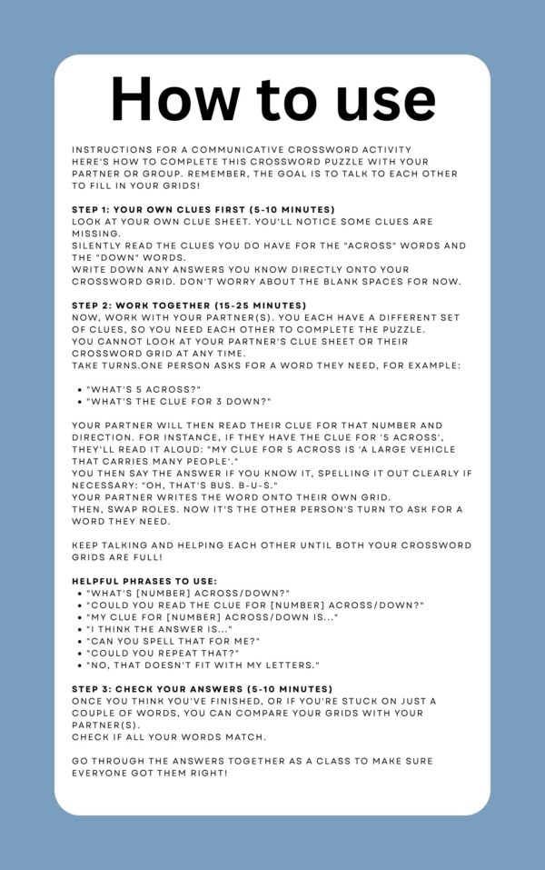How to use Communicative crosswords all levels